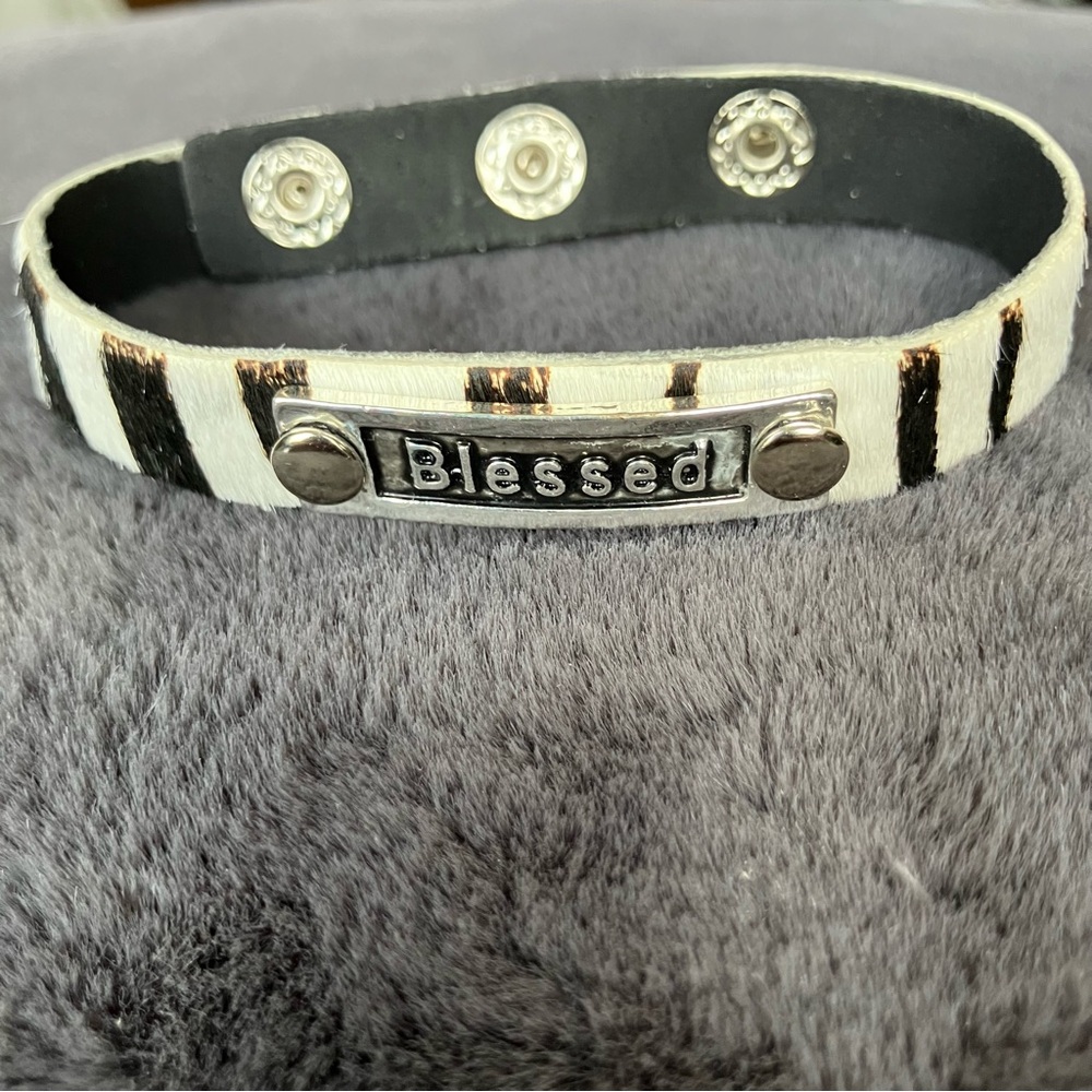 'Blessed'‎ Zebra Print Faux Fur Snap Bracelet - Black / White with Silver Plate